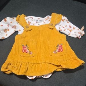 Yellow Corduroy Kids Dress with Floral Embroidery